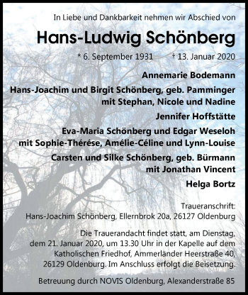 Traueranzeige von Hans-Ludwig Schönberg von Nordwest-Zeitung