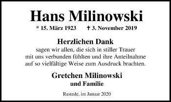 Traueranzeige von Hans Milinowski von Nordwest-Zeitung