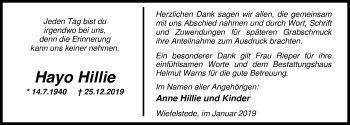Traueranzeige von Hayo Hillie von Nordwest-Zeitung