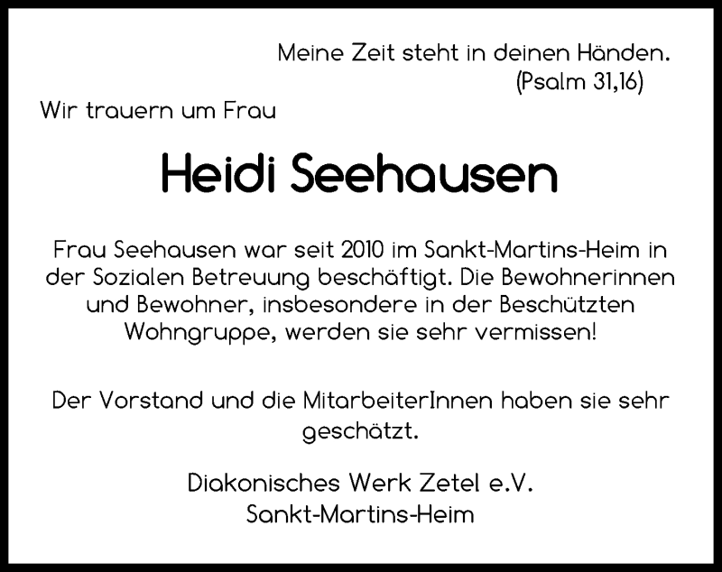  Traueranzeige für Heidi Seehausen vom 11.01.2020 aus Nordwest-Zeitung