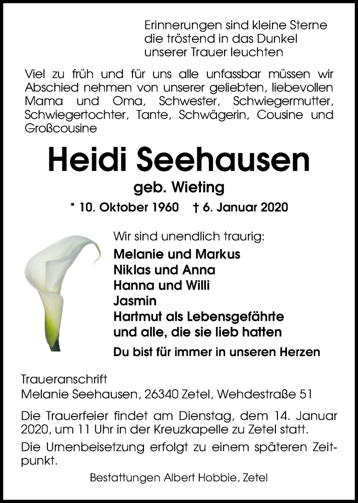  Traueranzeige für Heidi Seehausen vom 10.01.2020 aus Nordwest-Zeitung