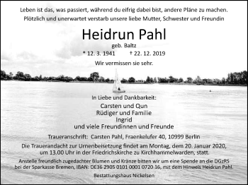 Traueranzeige von Heidrun Pahl von Nordwest-Zeitung