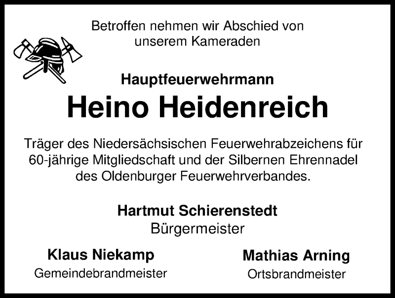  Traueranzeige für Heino Heidenreich vom 07.01.2020 aus Nordwest-Zeitung
