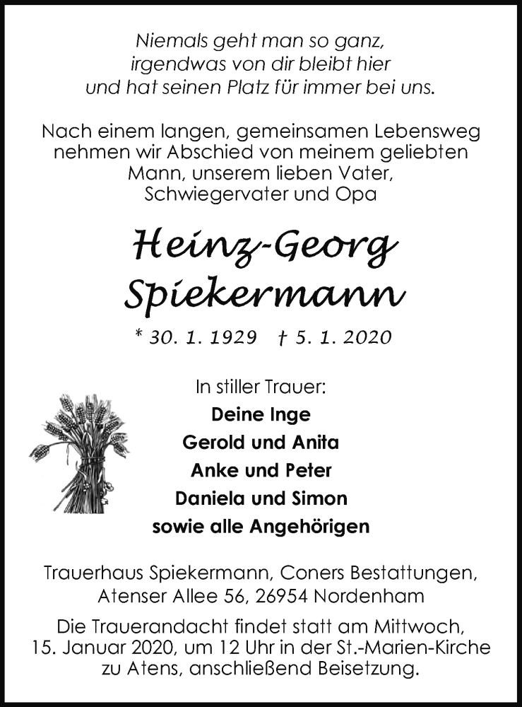  Traueranzeige für Heinz-Georg Spiekermann vom 08.01.2020 aus Nordwest-Zeitung