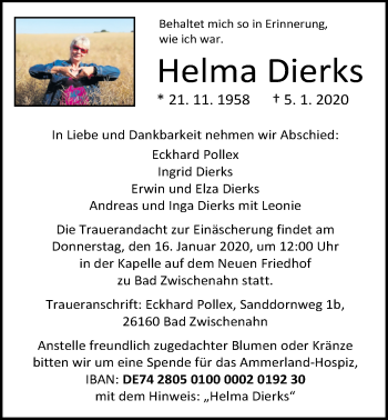 Traueranzeige von Helma Dierks von Nordwest-Zeitung