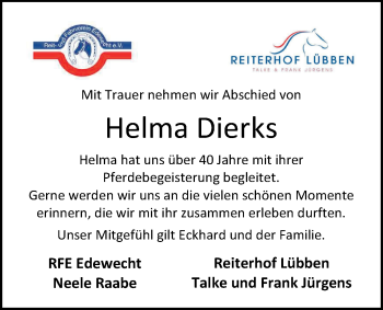 Traueranzeige von Helma Dierks von Nordwest-Zeitung