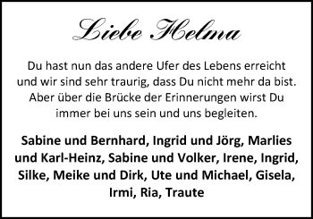 Traueranzeige von Helma Dierks von Nordwest-Zeitung