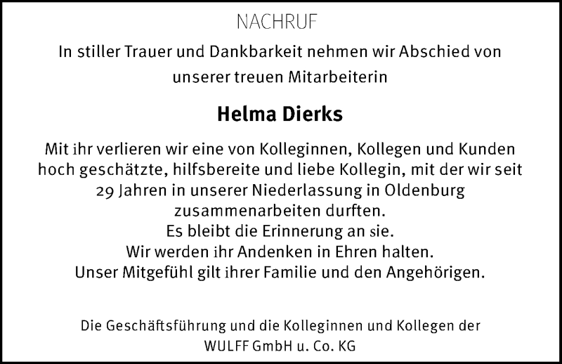  Traueranzeige für Helma Dierks vom 11.01.2020 aus Nordwest-Zeitung