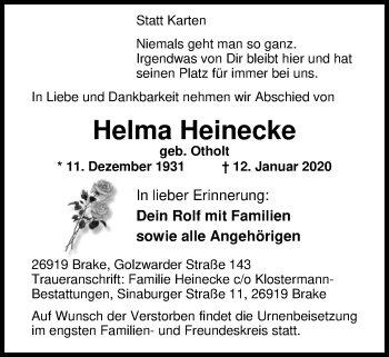 Traueranzeige von Helma Heinecke von Nordwest-Zeitung