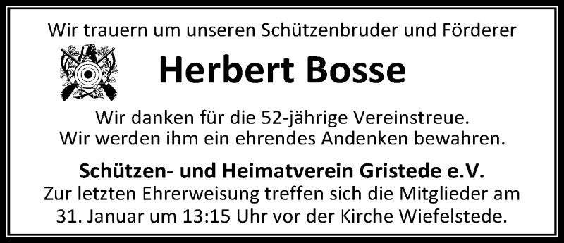  Traueranzeige für Herbert Bosse vom 29.01.2020 aus Nordwest-Zeitung