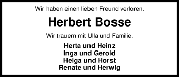 Traueranzeige von Herbert Bosse von Nordwest-Zeitung