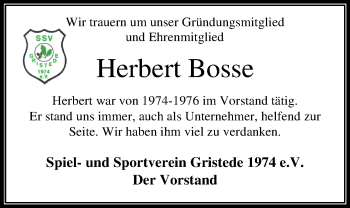 Traueranzeige von Herbert Bosse von Nordwest-Zeitung
