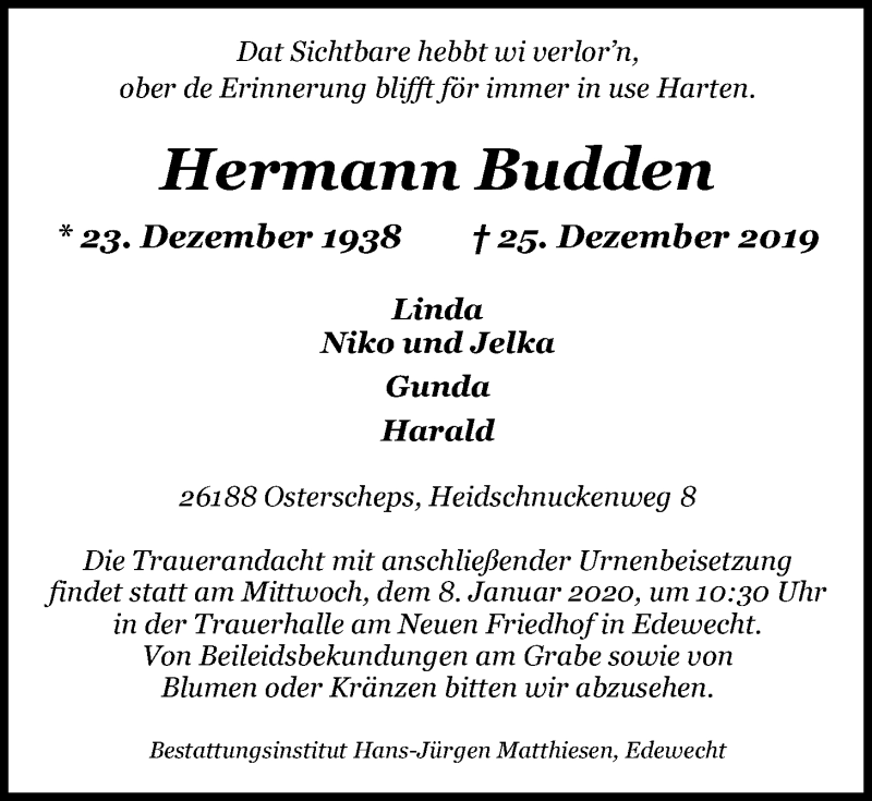  Traueranzeige für Hermann Budden vom 03.01.2020 aus Nordwest-Zeitung