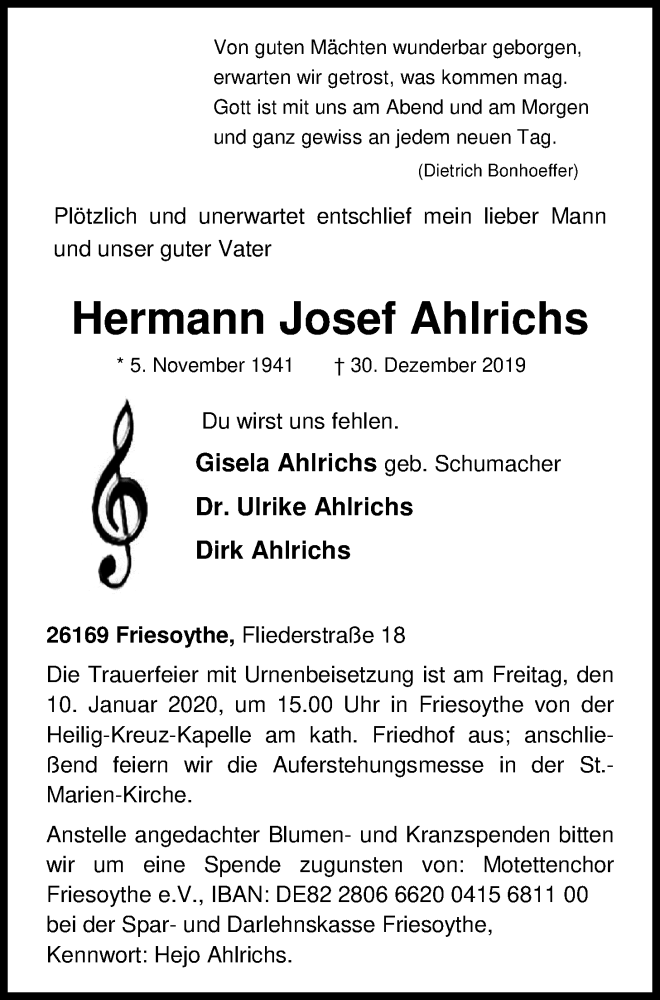  Traueranzeige für Hermann Josef Ahlrichs vom 07.01.2020 aus Nordwest-Zeitung