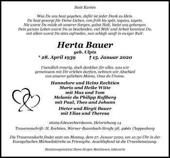 Traueranzeige von Herta Bauer von Nordwest-Zeitung