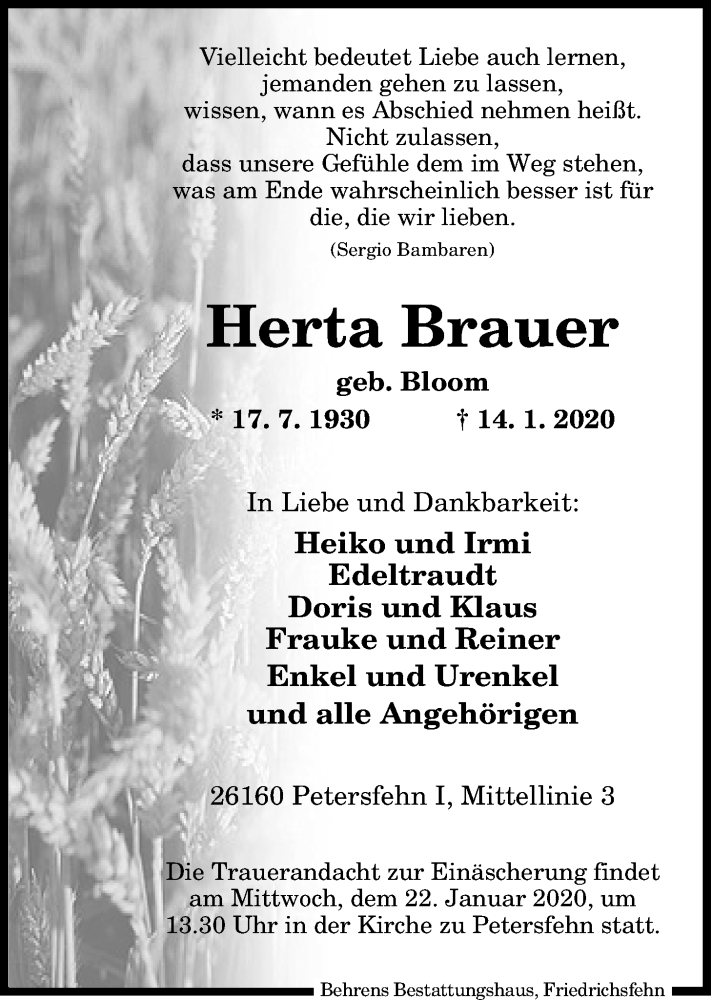  Traueranzeige für Herta Brauer vom 18.01.2020 aus Nordwest-Zeitung