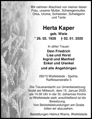 Traueranzeige von Herta Kaper von Nordwest-Zeitung