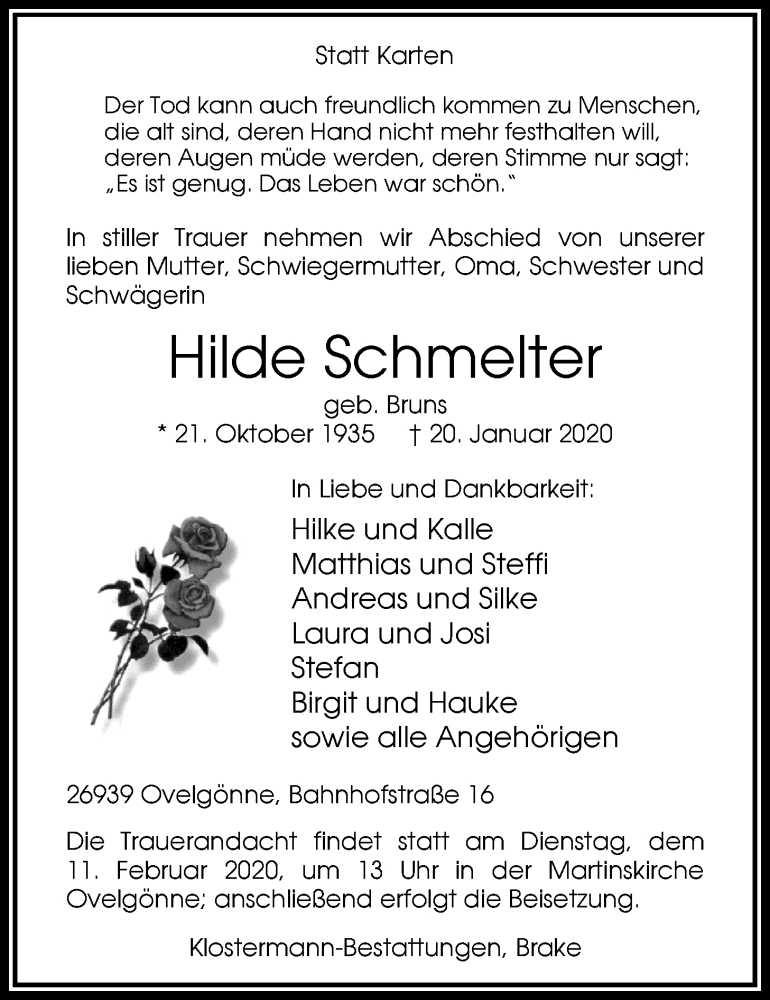  Traueranzeige für Hilde Schmelter vom 28.01.2020 aus Nordwest-Zeitung