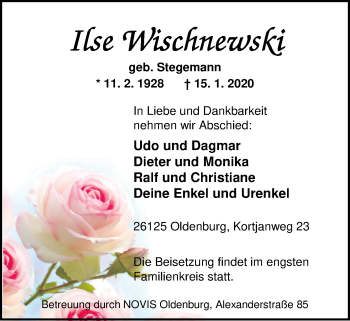 Traueranzeige von Ilse Wischnewski von Nordwest-Zeitung