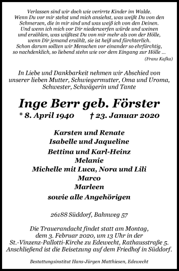 Traueranzeige von Inge Berr von Nordwest-Zeitung