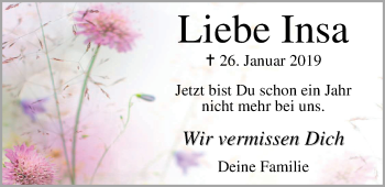 Traueranzeige von Insa Toshi von Nordwest-Zeitung