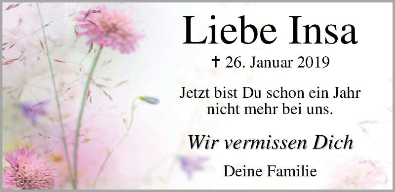  Traueranzeige für Insa Toshi vom 25.01.2020 aus Nordwest-Zeitung