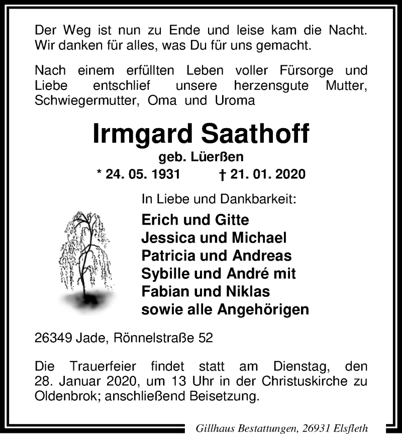  Traueranzeige für Irmgard Saathoff vom 23.01.2020 aus Nordwest-Zeitung