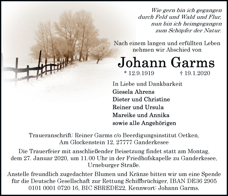  Traueranzeige für Johann Garms vom 22.01.2020 aus Nordwest-Zeitung