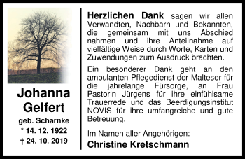 Traueranzeige von Johanna Gelfert von Nordwest-Zeitung