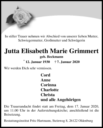 Traueranzeige von Jutta Elisabeth Marie Grimmert von Nordwest-Zeitung