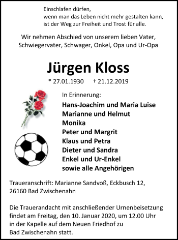 Traueranzeige von Jürgen Kloss von Nordwest-Zeitung