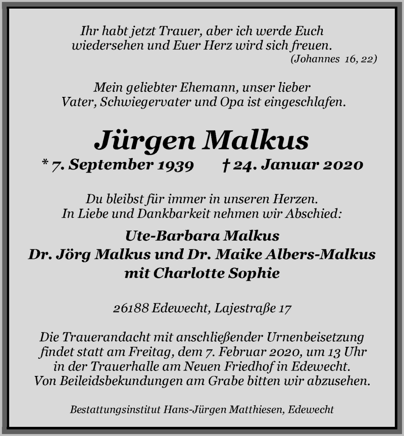  Traueranzeige für Jürgen Malkus vom 31.01.2020 aus Nordwest-Zeitung