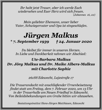 Traueranzeige von Jürgen Malkus von Nordwest-Zeitung