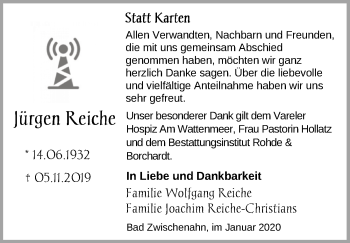 Traueranzeige von Jürgen Reiche von Nordwest-Zeitung