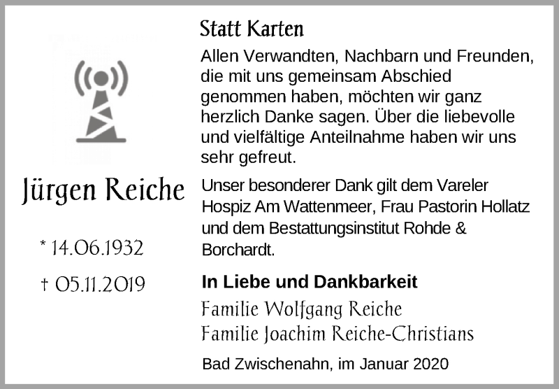  Traueranzeige für Jürgen Reiche vom 14.01.2020 aus Nordwest-Zeitung