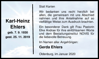 Traueranzeige von Karl-Heinz Ehlers von Nordwest-Zeitung