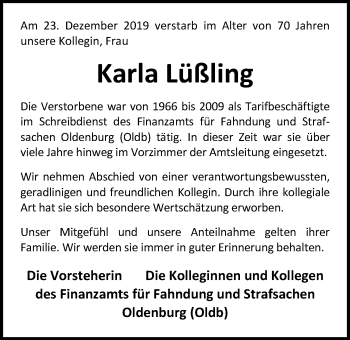 Traueranzeige von Karla Lüßling von Nordwest-Zeitung