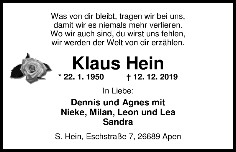  Traueranzeige für Klaus Hein vom 11.01.2020 aus Nordwest-Zeitung