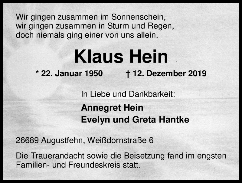 Traueranzeige für Klaus Hein vom 11.01.2020 aus Nordwest-Zeitung