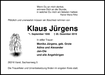 Traueranzeige von Klaus Jürgens von Nordwest-Zeitung