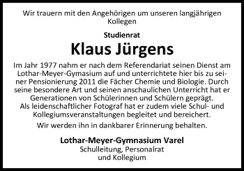 Traueranzeige von Klaus Jürgens von Nordwest-Zeitung