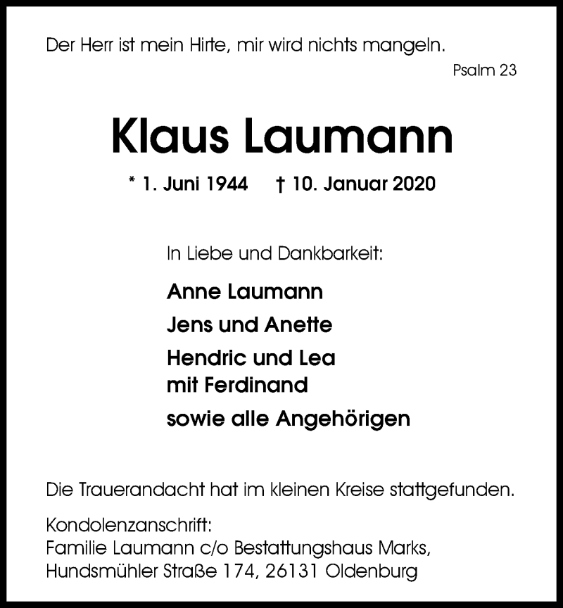  Traueranzeige für Klaus Laumann vom 20.01.2020 aus Nordwest-Zeitung