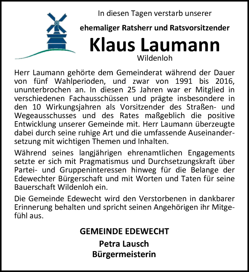  Traueranzeige für Klaus Laumann vom 20.01.2020 aus Nordwest-Zeitung