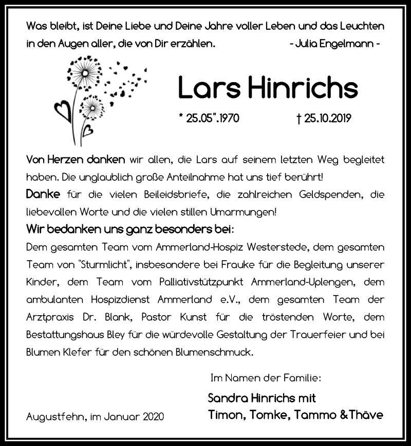  Traueranzeige für Lars Hinrichs vom 20.01.2020 aus Nordwest-Zeitung