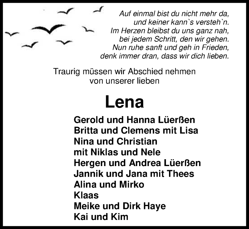  Traueranzeige für Lena Lüerßen vom 14.01.2020 aus Nordwest-Zeitung