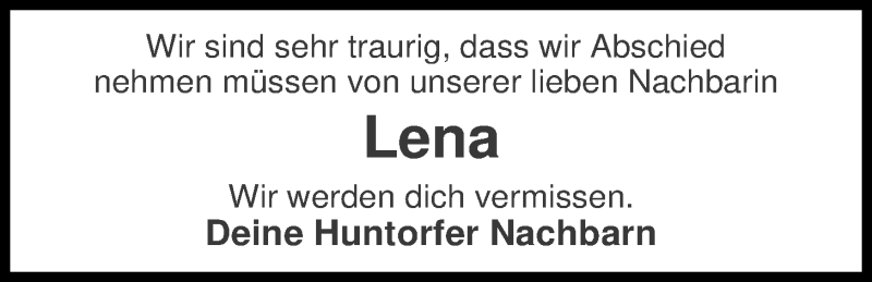  Traueranzeige für Lena Lüerßen vom 15.01.2020 aus Nordwest-Zeitung