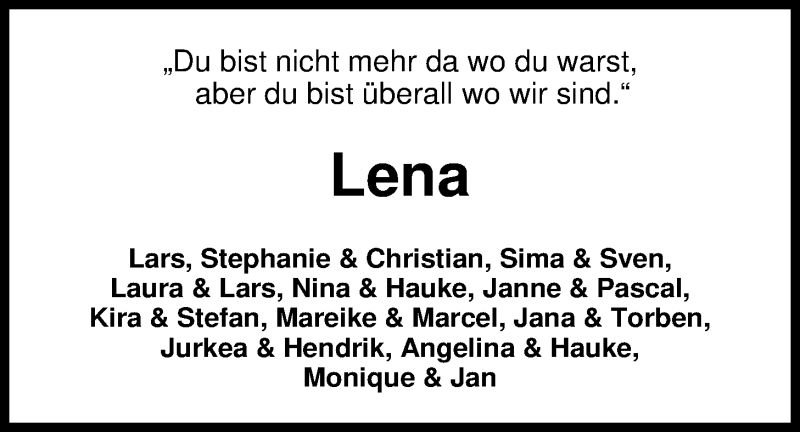  Traueranzeige für Lena Lüerßen vom 14.01.2020 aus Nordwest-Zeitung