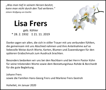 Traueranzeige von Lisa Frers von Nordwest-Zeitung