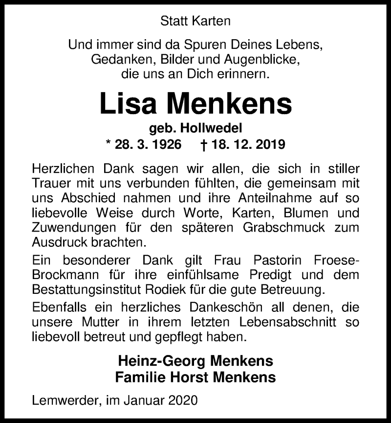  Traueranzeige für Lisa Menkens vom 31.01.2020 aus Nordwest-Zeitung