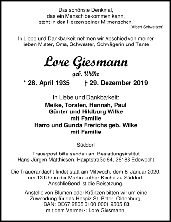 Traueranzeige von Lore Giesmann von Nordwest-Zeitung
